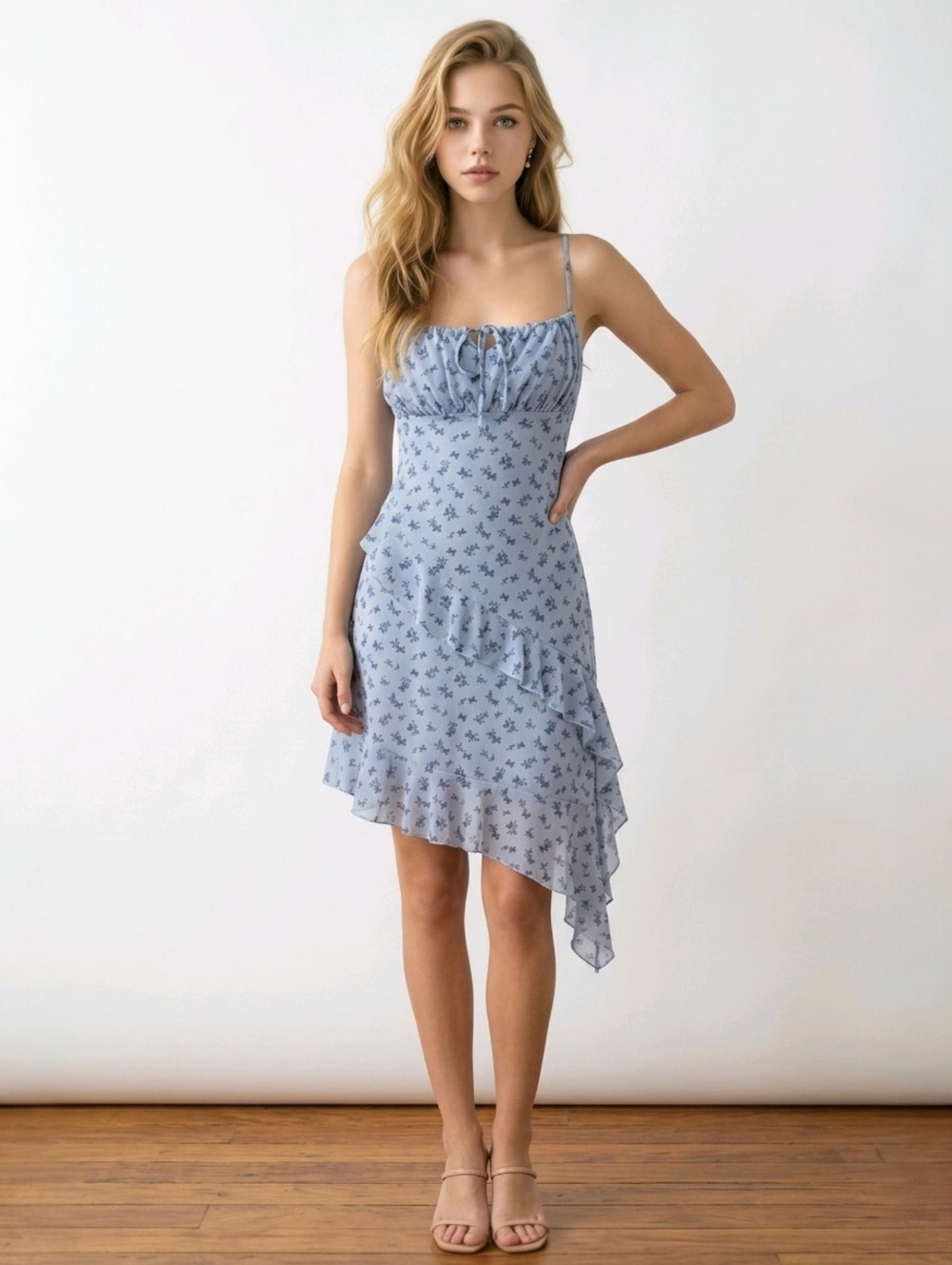 Aeropostale Coquette Blue Floral Mesh Butterfly Milkmaid Dress Ruffles Medium